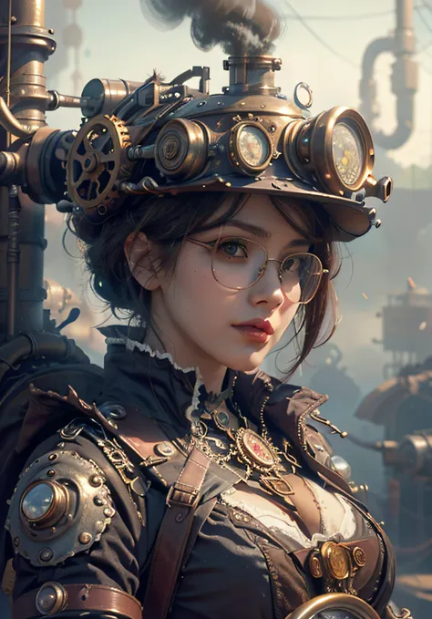 a closeup of a serious woman on the steam - punk equipment with glasses, steampunk mulher anime bonita, estilo de fantasia steam...