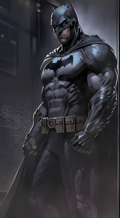 1 man, solo, Ben Affleck as Batman, tall, hunk, muscular, bulk, wide shoulder, photorealism, dark dirty grey suit, dark grey arms, ((no mask)), mask off, black hair, black gloves, best quality, masterpiece, high resolution:1.2, black cape, high detailed ma...