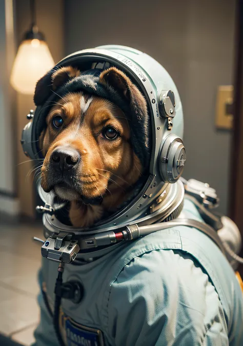 domerban dog with astronaut suit photo taken by eos r5 with rf 24-105mm f lens + hyper realistic + professional light + cinemato...