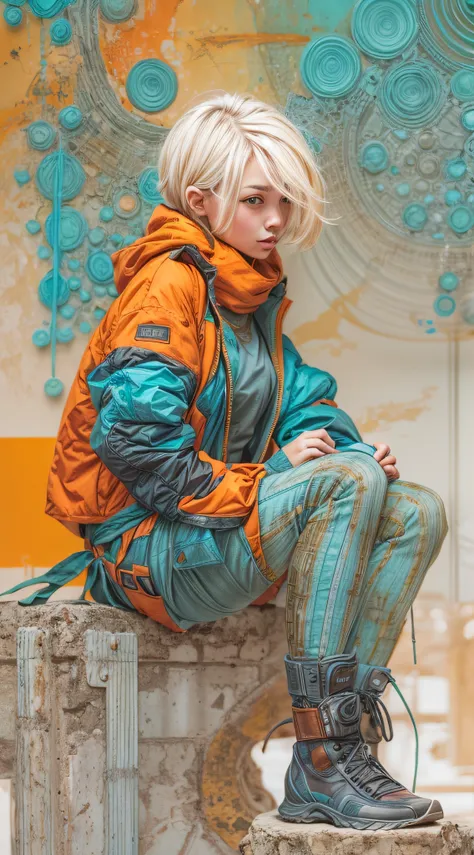 1monk warrior girl with blue orange techwear clothing, short blonde hair, shoelace, vintage scifi background abstract, art by mo...