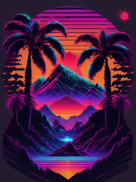 mountains, palm trees and sun, vectorized, synthwave, purple blue red orange, bright neon colors on a dark background,