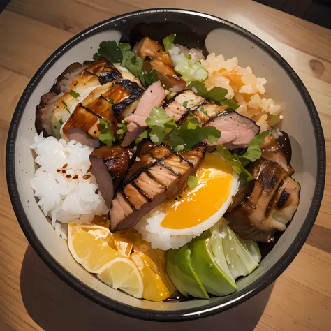 best quality, masterpiece, 1other, solo, japanese food, pork donburi, simple background