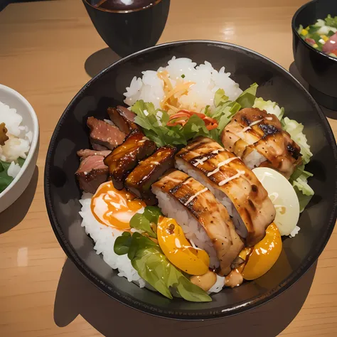 best quality, masterpiece, 1other, solo, japanese food, pork donburi, simple background