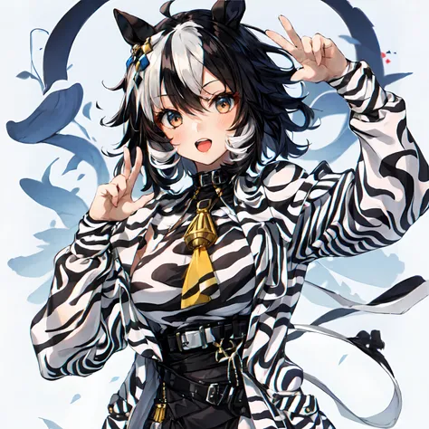 1girl,solo,umamusume,zebra print,white eyes,multicolored hair,messy hair,(white hair),black hair,short_hair,zebra cloak,racecour...