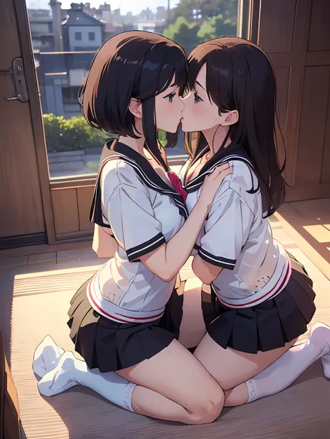 ​master piece,hyper quality, hyper detailed,perfect drawing,nffsw,3d,8k,two anime beautiful girls kissing while pressing their b...