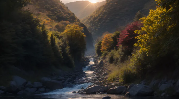 huge peaks，crackles，strong light，the setting sun，between valleys，nature scenes，fine water flows for a long time，small rivers，the...