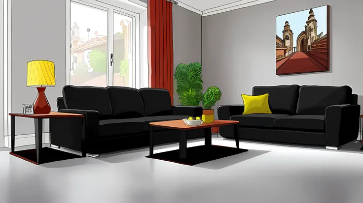 living room interior, Grey floor,black sofa,Black tea table, 8K, hyper HD, tmasterpiece, highest quality