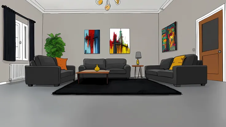living room interior, Grey floor,black sofa, 8K, hyper HD, tmasterpiece, highest quality