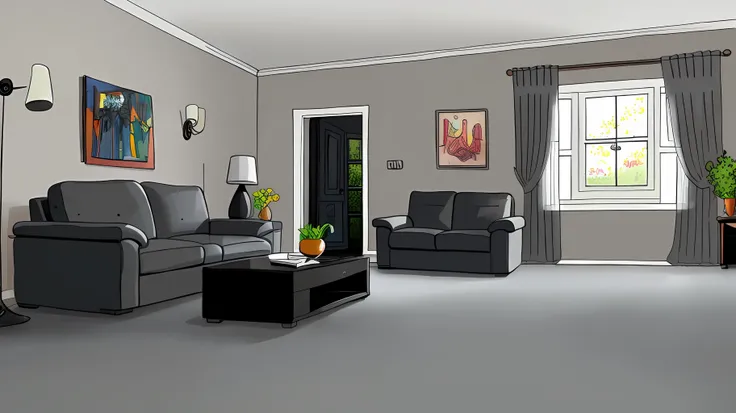 living room interior, Grey floor,black sofa, 8K, hyper HD, tmasterpiece, highest quality