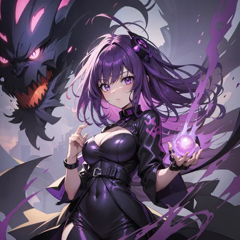 Anime girl, purple hair, black dress, moe art style, giant shadow demon in background, sexy, tight dress, cleavage, purple shadow energy exploding from hand