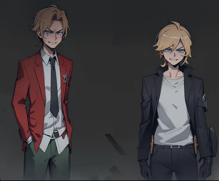 gs2, badass, antagonist, brown hair, blonde hair, 2boy, smug, smile, gear, shoulder, jacket, suit