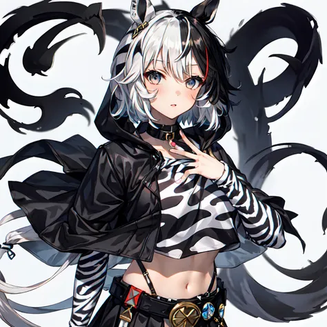 1girl,solo,umamusume,zebra_print,white_eyes,multicolored_hair,messy_hair,(white_hair),black_hair,short_hair,zebra_cloak,black_sh...