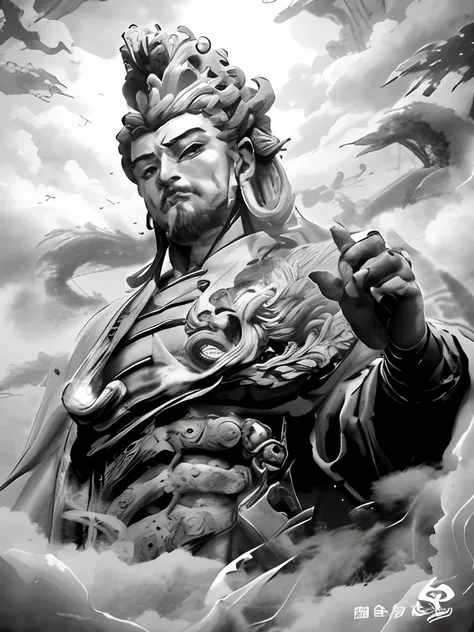 a black and white photo，above is a statue of a man with a dragon on his shoulder, inspired by hu zaobin, inspired by xuande empe...