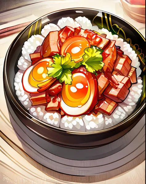 a bowl of braised pork rice, egg, vegetable, ((masterpiece)),illustration,high detail, soft lighting, delicious, colorful, aesth...