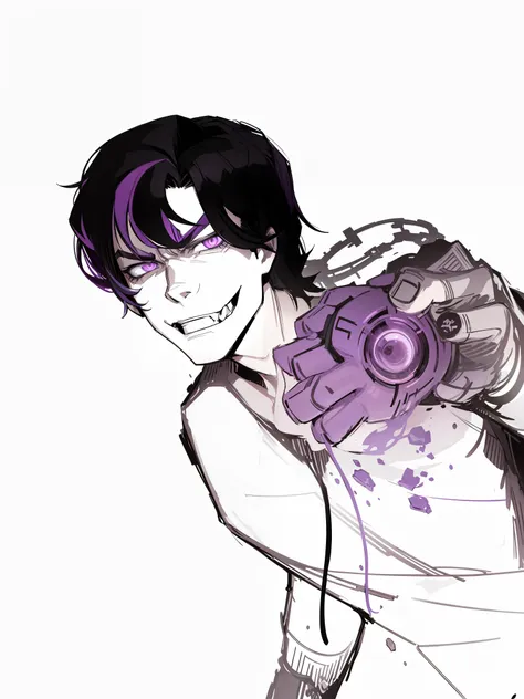 badass, antagonist, multicolored, dark hair, purple hair, pink pupil, 1boy, smug, smile, crazy, purple spellcast, suit