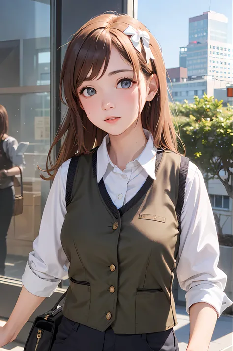 1girl, matured female, vest, bow, photo, realistic, best quality, hires, detailed face, office, buildings from window, detailed ...