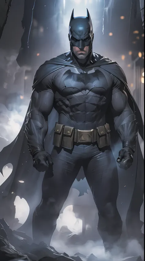1 man, solo, upper body shot of Ben Affleck as Batman, tall, hunk, muscular, bulk, wide shoulder, realistic, dark grey mask, dark dirty grey suit, dark grey arms, black gloves, best quality, masterpiece, high resolution:1.2, black cape, high detailed mask,...