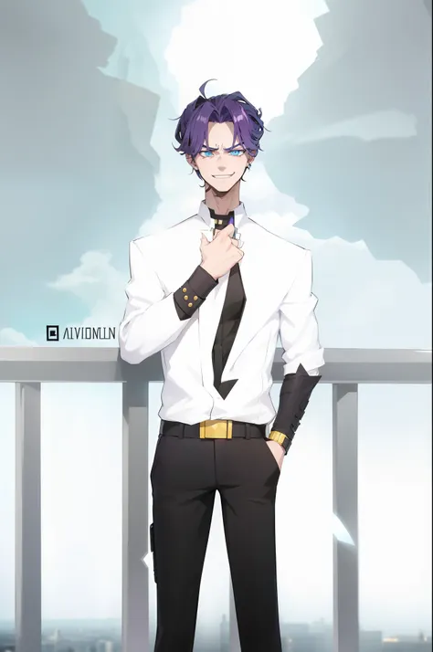 badass, antagonist, purple hair, blue eyes, yellow eyes, heterochromia, 1boy, smug, smile, white suit, black pants, black earrin...