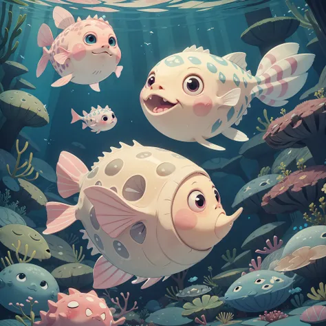 a puffer fish with white ghostly scales pink cheeks and is huge, drifting around in a underwater graveyard, masterpiece, best qu...