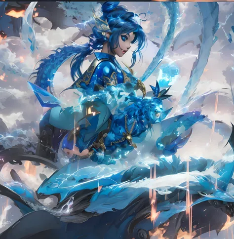 Blue-haired girl riding a blue dragon ,Anime art wallpaper 8 K, Anime art wallpaper 4k, Anime art wallpaper 4 K, 2. 5 D CGI anime fantasy artwork, Anime epic artwork