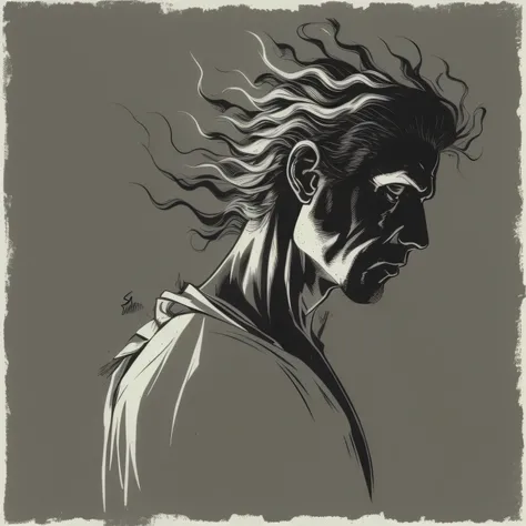 silhueta de um homem contra a luz, its in profile pe, From his head come blades that curve backwards and cross his chest from the back, saindo pelo seu peito como laminas pontiagudas, laminas negras, ((silhueta)), preto e branco, desenho 2d, arte grafica, ...
