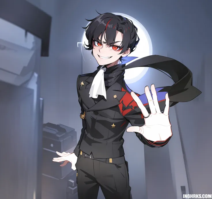 badass, antagonist, multicolored, dark hair, red pupils, 1boy, smug, smile, black suit, military uniform, white scarf, black lig...