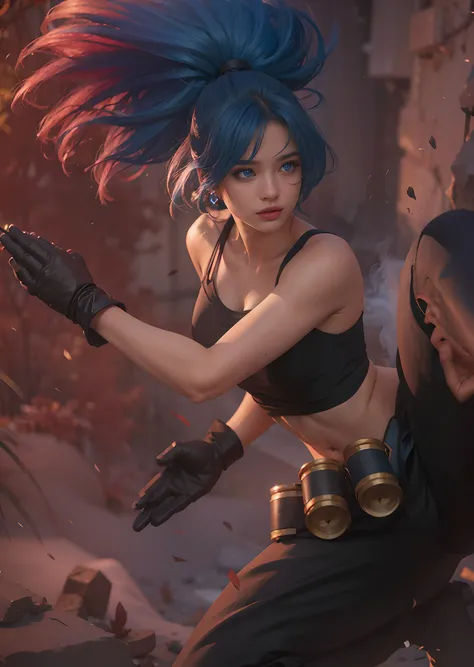 (female:1.2), 8k, ultra hd, ultra detailed texture, hyper realistic, masterpiece, detailed texture, detailed face, detailed skin, detailed lighting, (photorealistic:1.5), best quality, beautiful lighting, cinematic lighting, professional lighting, ultra highres, realistic, detailed hair, real hair, high quality, (realskin:1.5), extremely detailed, finely detail, ultra-detailed, 1girl, solo, (blue eyes:1.5), v-shapped eyebrow, lips, closed mouth, nose, make up, pretty, beautiful, long hair, blue hair, high ponytail, large breasts, cleavage, armpit, midriff, navel, stomach, bare shoulders, sleevless, angry face, black gloves, black pants, smoke bomb, earrings, karina \(mobile legends\), depth of field, looking aways, white skin, skin tight, amazing pose, outdoors, glowing, dark view, blurry background