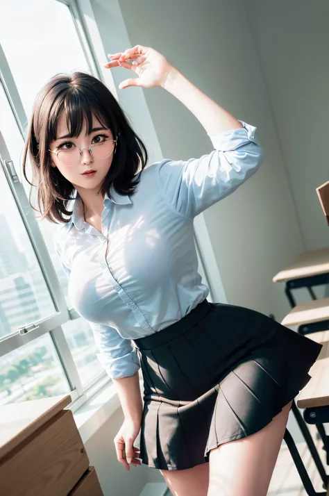 25 years old woman(glasses eyes), milf, ((at classroom)), ((school uniform)), raw photo, (photorealistic:1.37, realistic), highl...