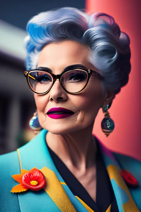 (portrait fashionista american woman with 90 years, 1950s with intricate colorful modern bright vintage colored glasses), hair w...