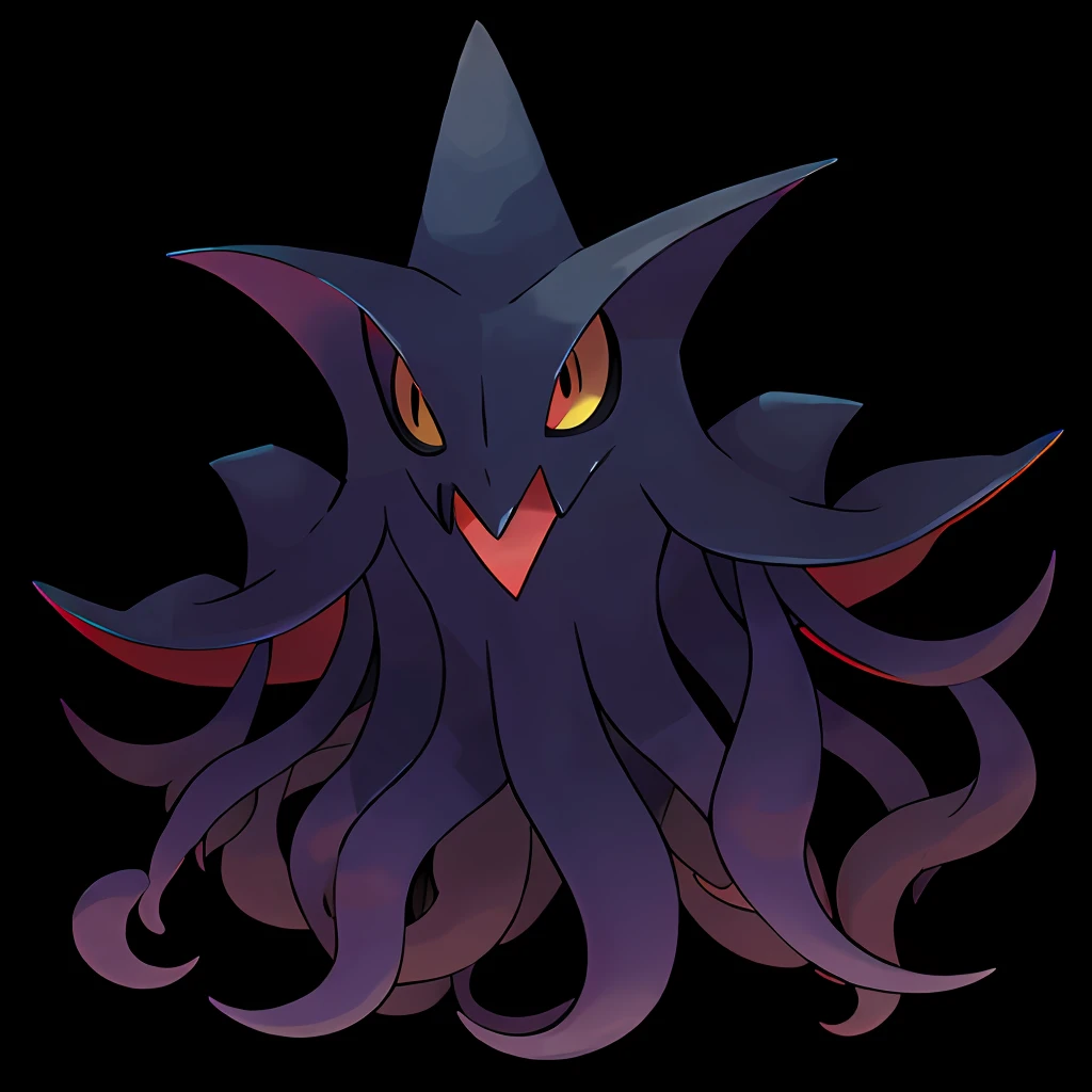 pokemon (creature), ghost type pokemon, cthulu style creature, legendary pokemon, complex pokemon, full body, no humans, simple background, black body colors, ((masterpiece)) v3