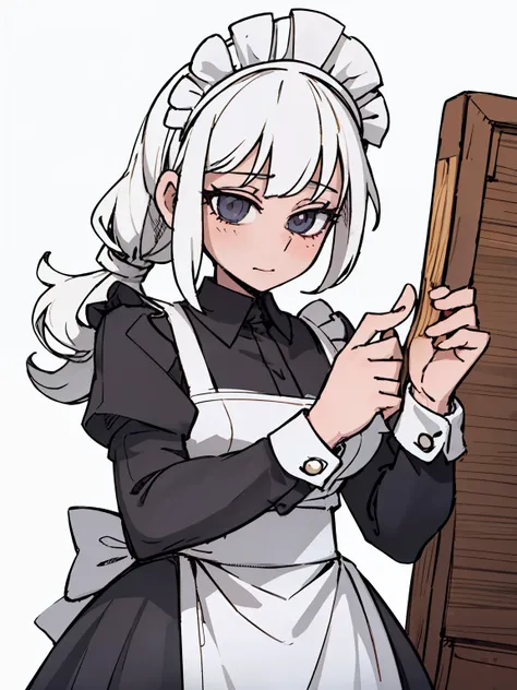 a girl frontal,crit,(,(a half body),(long curly white hair),(the maid outfit)),young, white background