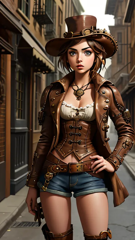 cute steampunk ana de armas wearing a stylish steampunk outfit in a steampunk street, cinematic