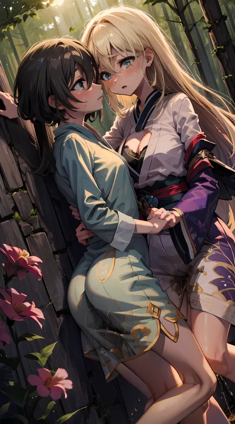 Two women having fun in the forest at night、obscenity:1,2、Metamorphosis:1,2、Lesbian Mika:1,2、Grabbing each others buttocks、the kiss、 kohaku、Sleeveless dress, cleavage,   blondehair, Blue eyes, Small breasts,  wide hips, red blush、is crying、お漏らし、tre anatomi...