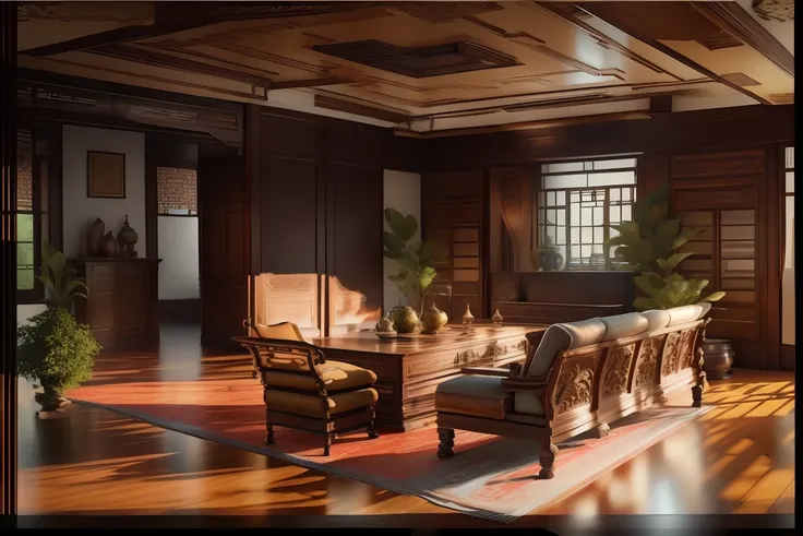wood floor, indochine style, sofa leather classic, classic table, celling light, wood window, high quaility, high quality texture, camera cinematic, good texture, photo realistic, shadow, super detailed, real, 8k, (4K), ultra reality, sun light