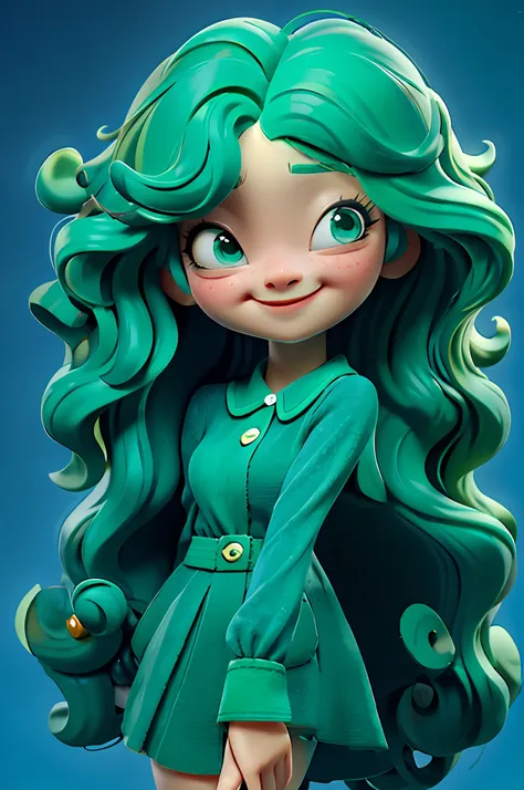 a cute girl with curly hair, wear berets, solid round eyes, long eyelashes, green hair, smile, open mouth, light blush, blue sky...