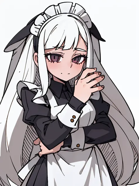 A girl frontal,(,(A half body),(Long curly white hair),(the maid outfit)),Young, White background