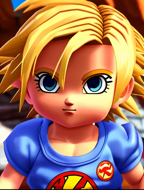 bambina di 2 anni, short blonde hair, morrom eyes, supersayan, no quarto, goku animation