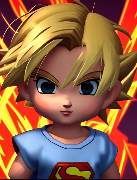 bambina di 2 anni, short blonde hair, morrom eyes, supersayan, no quarto, goku animation