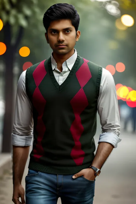 photo of an indian man, wearing a red argyle vest, green collared shirt, and black jeans,  bokeh, outdoor background, masterpiec...