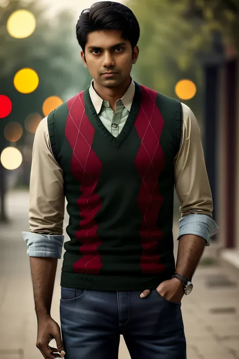 photo of an indian man, wearing a red argyle vest, green collared shirt, and black jeans,  bokeh, outdoor background, masterpiec...