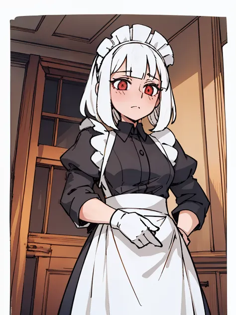 a girl frontal,((three-quarters),(long curly white hair),(the maid outfit)),young, white background