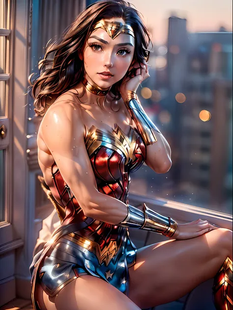 (masterpiece, high resolucion, realistis:1.4), (it depicts a stunning wonder woman leaning against a window on the top floor of ...