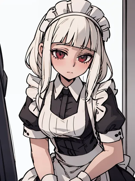 a girl frontal,(,(full bodyesbian),(long curly white hair),(the maid outfit)),young, white background