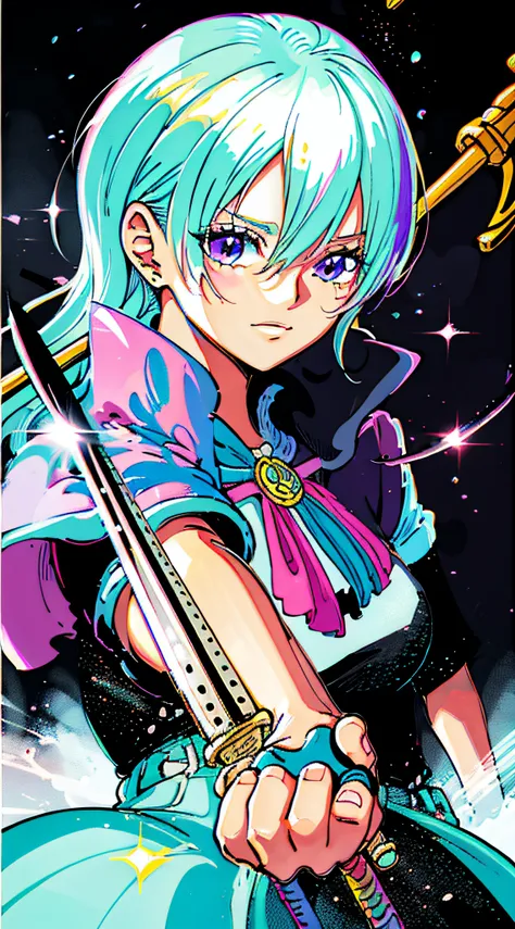 colourfull、1 girl in、White hair、a purple eye、Double handle、The sword、Sword in the hand、Red Flame、brilliance、Bright weapons、Particles of light、wall-paper、chromatic abberation、Retro Anime、1990s anime、1980s anime、Brush Stroke Masterpiece、top-quality、