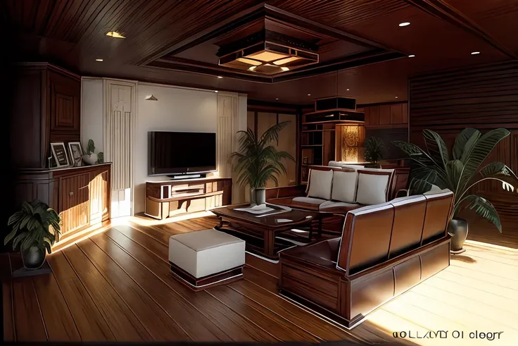 wood floor, indochine style, sofa leather classic, classic table, celling light, high quality texture, camera cinematic, good texture, photo realistic, shadow, super detailed, real, 8k, (4K), ultra reality, outline, sun light, white celling, white wall, k...