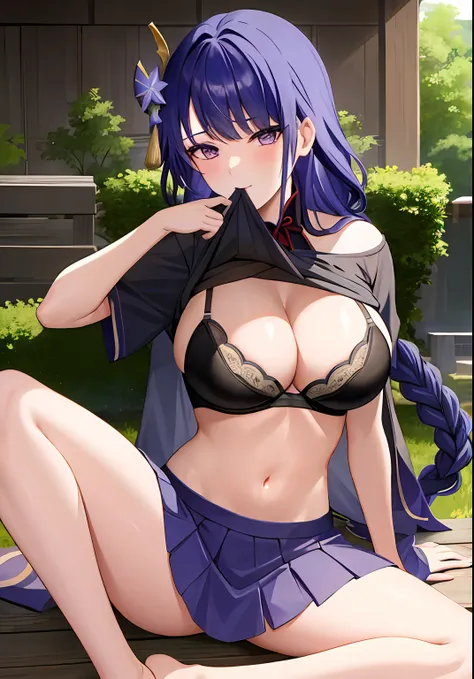 1Raiden shogun, large breasts,clothes in mouth, cleavage, navel, t-shirt, ((bra)),clothes lift, shirt in mouth, skirt, lying, full Body,sexy body,sitting
