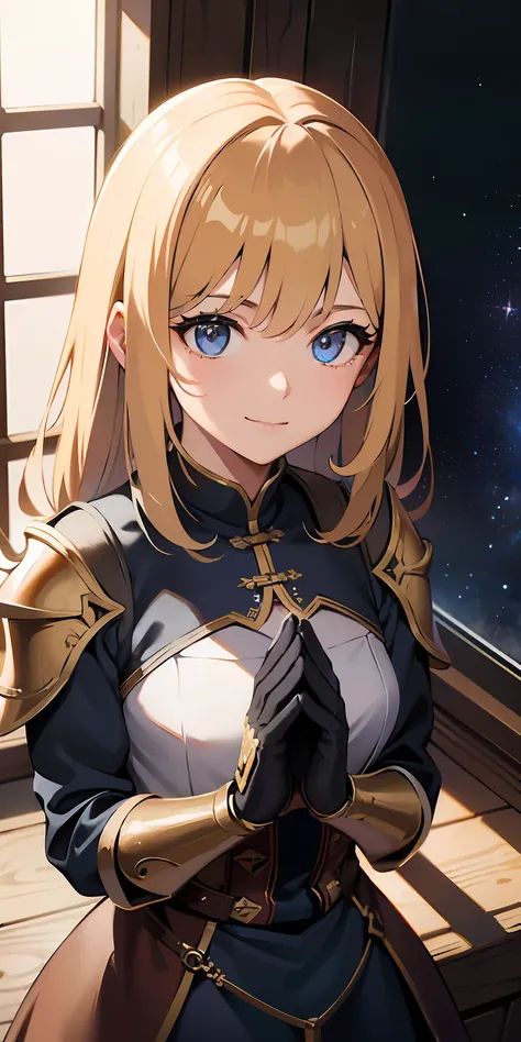 Western fantasy, A high resolution, (巨作:1.4), A highly detailed, 1girll, From above, space, sitted, Knight armor, Sharp focus, (Cinematic lighting), (1girll), Slight smile,The 5 fingers of each hand are very detailed,