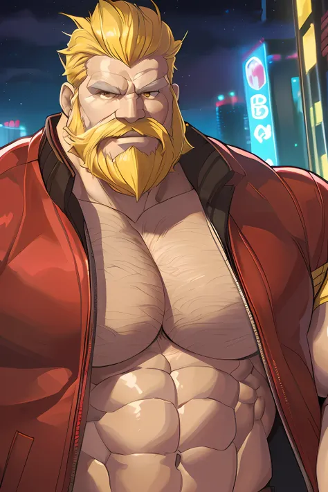 a huge muscular old man wearing red jacket in night city, (old man (huge muscular, giga chad, bara, big arm, biggest arm, bigges...