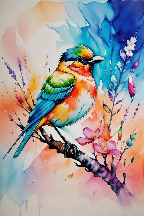 bird, sunrise, flower field, alcohol ink and impasto mix painting,  explosion, 
yang08k,  beautiful,  colorful,
masterpieces, to...