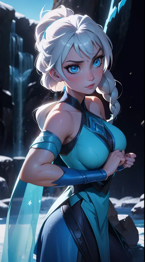 elsa-sub-zero fusion, cabelos brancos da elsa, roupas do sub-zero, particulas de gelo, melting, 1girl, beautiful, (master part:1...